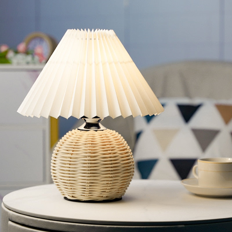 Pleated Rattan LED Table Lamp Living Room Table Standing Lamp Study Desk Bedside Lamp Home Office Decoration Night Light - Provence Home Living Store