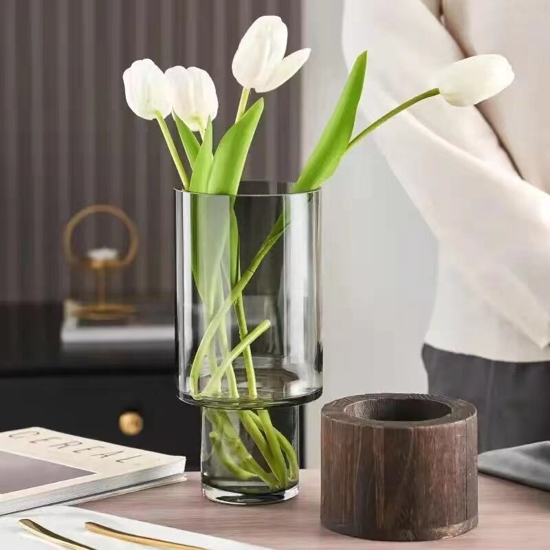 Glass Flower Vase Wooden Support European Creative Transparent Hydroponic Vase Art Living Room Home Office Wedding Decoration - Provence Home Living Store