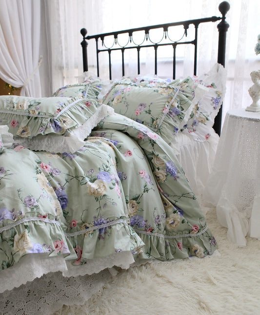 New American Floral bedding set 80 count quality cotton bedding elegant ruffle lace duvet cover set queen size bedding linens - Provence Home Living Store