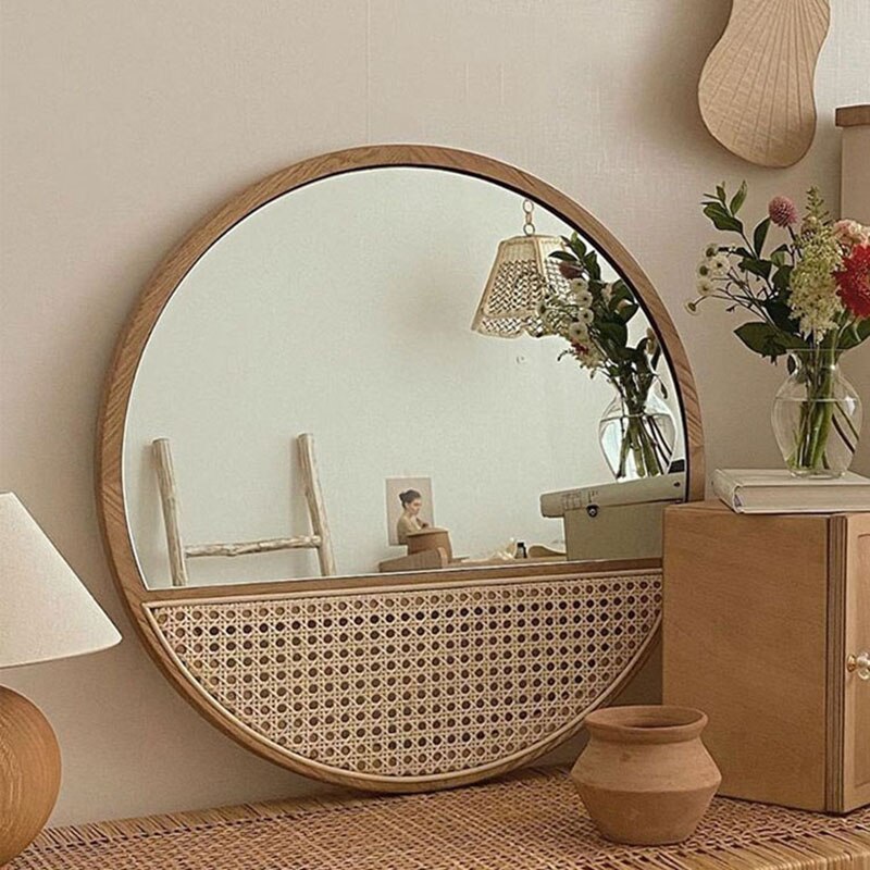 Solid Wood Rattan Mirror Retro Round Bathroom Dressing Table Makeup Mirror Aesthetic Design Dekoracyjne Lustra Room Decoration - Provence Home Living Store