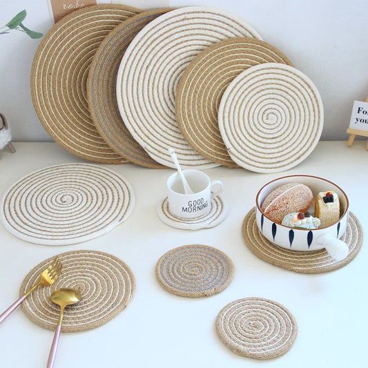 Hand Woven Round Placemats Jute Cotton Rope Twine Coaster Cup Bowl Plate Table Mat Insulation Pad Pot Holder Kitchen Accessories - Provence Home Living Store