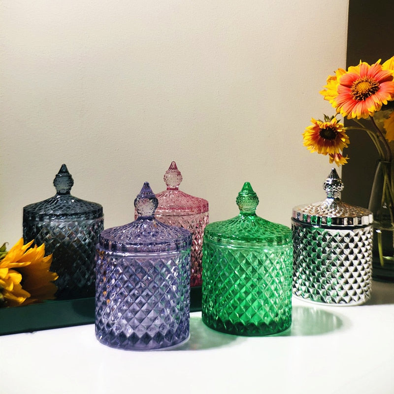 Crystal Glass Jar European-style Diamond Pattern Candy Storage Box Cotton Swab Box Sealed Jar Living Room Home Furnishings - Provence Home Living Store