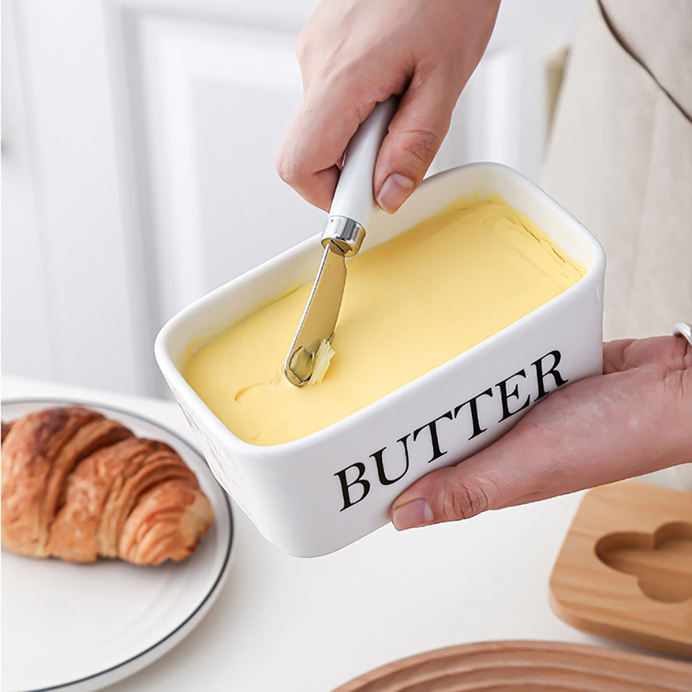 Ceramic Butter Sealing Box Nordic Butter Plate With Wood Lid And Knife Cheese Storage Tray Butter Dish Kitchen Storage Container - Provence Home Living Store