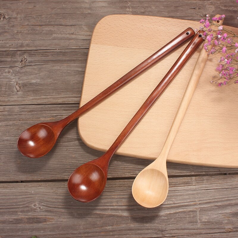 Japanese Style Wooden Spoon Long Handle Coffee Stirring Rod Tea Dessert Spoon Round Shape Mixing Soup Spoon Kitchen Tableware - Provence Home Living Store