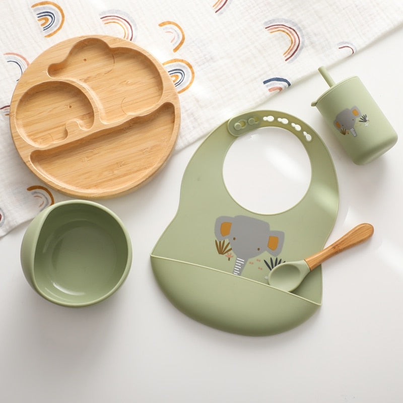 Silicone Baby Feeding Set Baby Feeding Supplies Kids Bamboo Dinnerware With Cup Children&#39;s Dishes Bowl Stuff Tableware Gifts Set - Provence Home Living Store