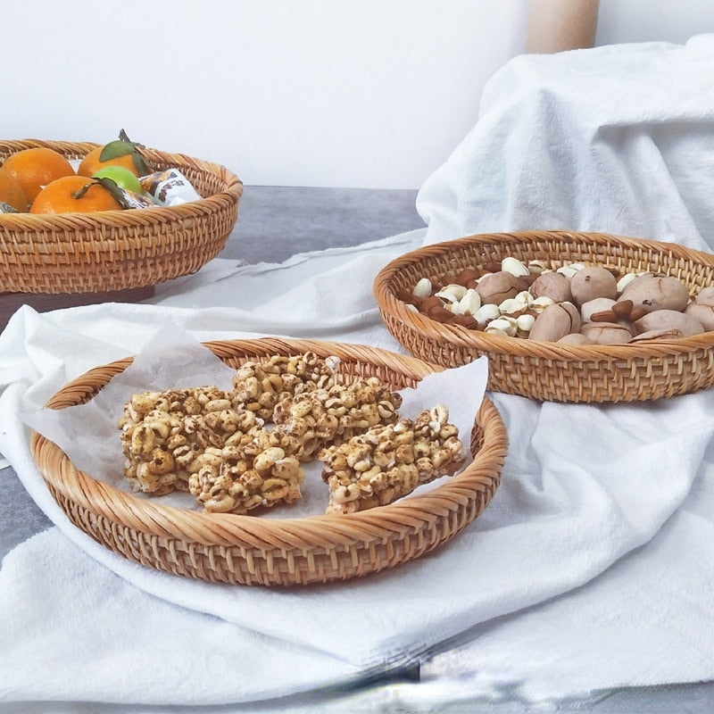 Rattan Handmade Real Rattan Fruit Basket Snack Bread Basket Tray Living Room Snacks Sundries Storage Basket Fruit Tray - Provence Home Living Store