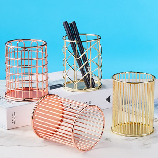 Metal Storage Basket Hollow Metal Makeup Brush Storage Bucket Desktop Stationery Pen Holder Living Room Bathroom Container Case - Provence Home Living Store