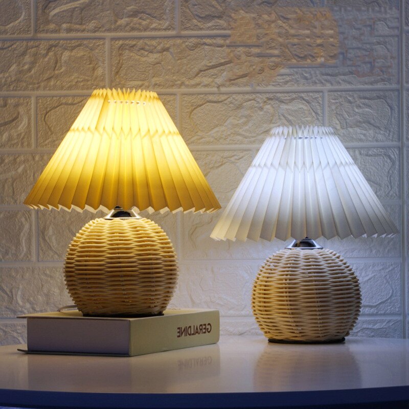 Pleated Rattan LED Table Lamp Living Room Table Standing Lamp Study Desk Bedside Lamp Home Office Decoration Night Light - Provence Home Living Store