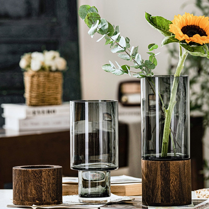 Glass Flower Vase Wooden Support European Creative Transparent Hydroponic Vase Art Living Room Home Office Wedding Decoration - Provence Home Living Store