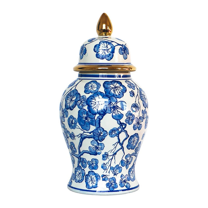 Gold Plated Blue and White Porcelain Ginger Jar with Lids Ceramic General Jars Retro Tea Caddy Floral Vases Desk Decoration - Provence Home Living Store