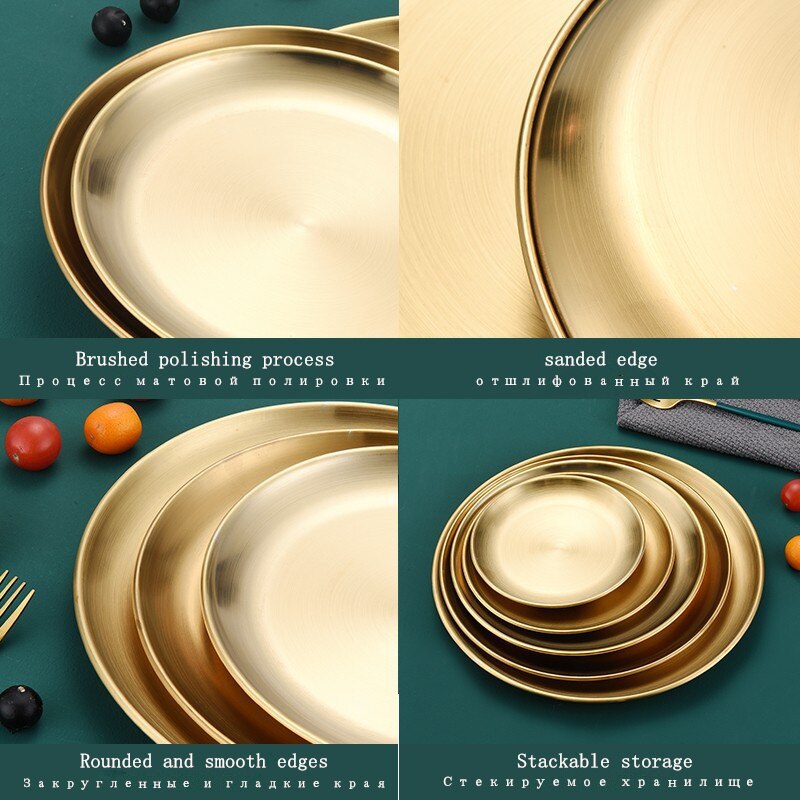 Stainless Steel Dinner Plates Restaurant Gold Serving Tray Round Dessert Cake Snack Dishes Silver Storage Plate Korean Cutlery - Provence Home Living Store