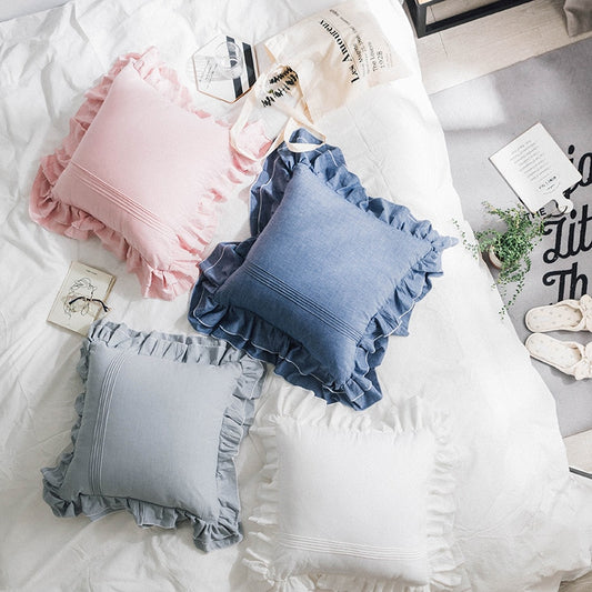 2PCS Double Flounce Cotton Throw Pillowshams,Soft Comfortable Sofa Ruffled Cushion Cover,Couch Decor Pleat Stitch Pillowcase - Provence Home Living Store