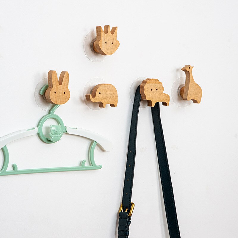 Nordic Wooden Wall Hook Cartoon Animal Solid Wood Hook Door Hanging Clothes Hanger Keys Organizer Home Decorative Sticky Hooks - Provence Home Living Store