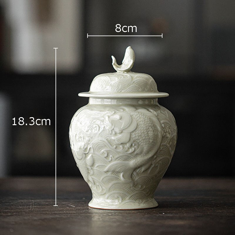 Sea Wave Relief Tea Canister Sealed Creative Carp Ceramic Storage Jar with Lids Porcelain Coffee Container Tea Cans Candy Pots - Provence Home Living Store