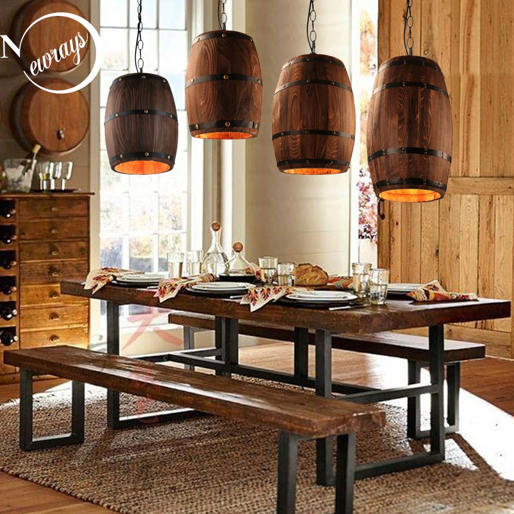 American modern nature loft wood Wine barrel E27 hanging vintage pendant lights for dining room living room restaurant cafe bar - Provence Home Living Store