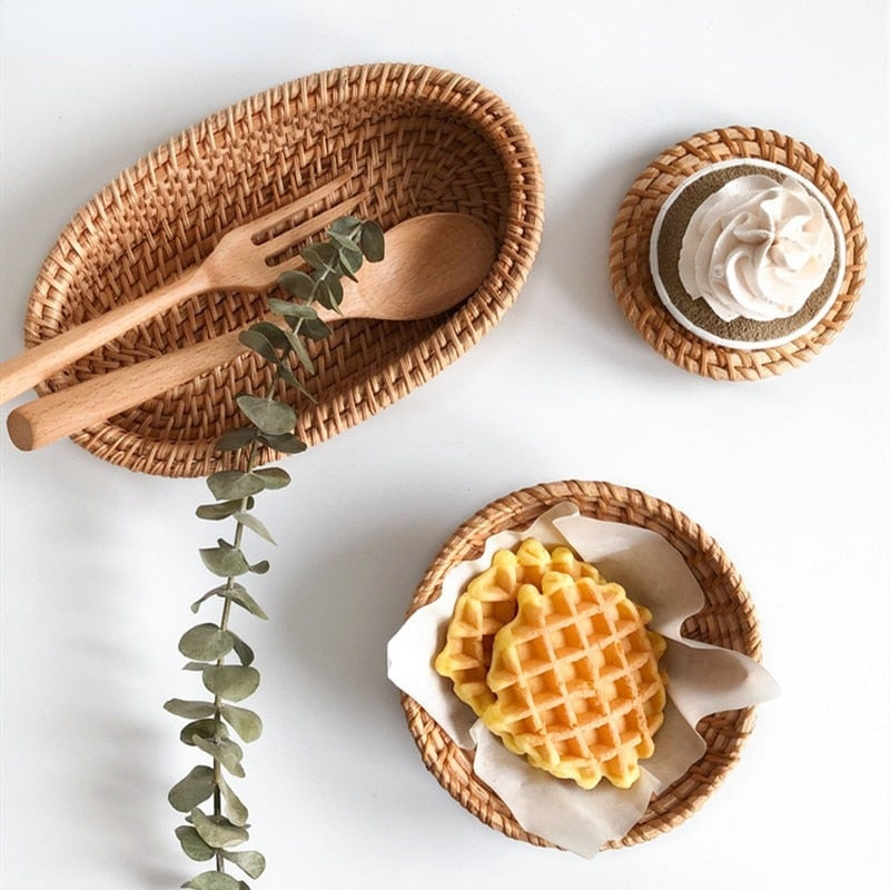 Rattan Handmade Real Rattan Fruit Basket Snack Bread Basket Tray Living Room Snacks Sundries Storage Basket Fruit Tray - Provence Home Living Store