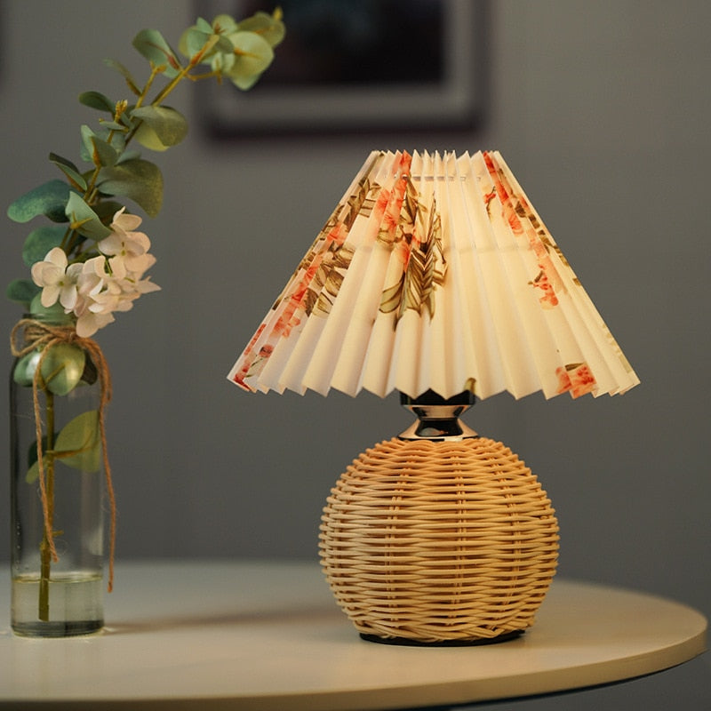 Pleated Rattan LED Table Lamp Living Room Table Standing Lamp Study Desk Bedside Lamp Home Office Decoration Night Light - Provence Home Living Store