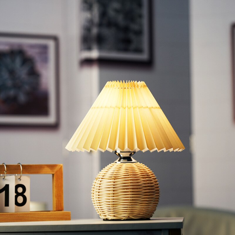 Pleated Rattan LED Table Lamp Living Room Table Standing Lamp Study Desk Bedside Lamp Home Office Decoration Night Light - Provence Home Living Store