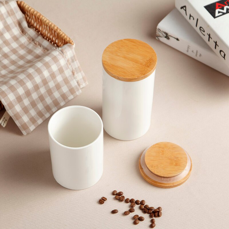 Simple White Ceramic Sealed Storage Jar with Wooden Lid Kitchen Food Container Coffee Grain Storage Jar Modern Home Decoration - Provence Home Living Store