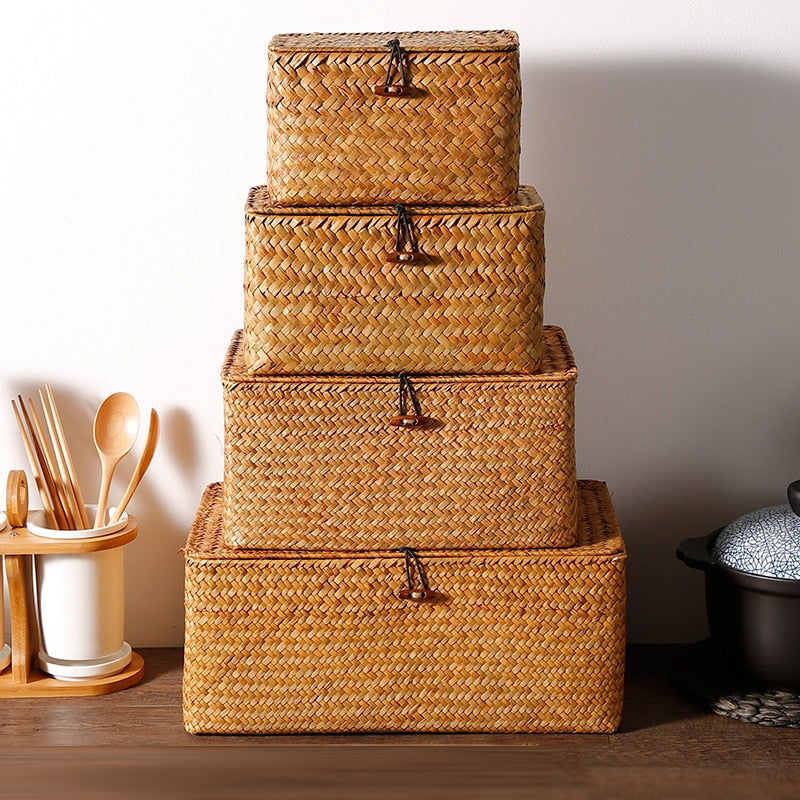 1PCS Manual Woven Storage Basket Lid Debris Consolidation Storage Box Storage Basket Sorting Box Jewelry Box WF1016 - Provence Home Living Store