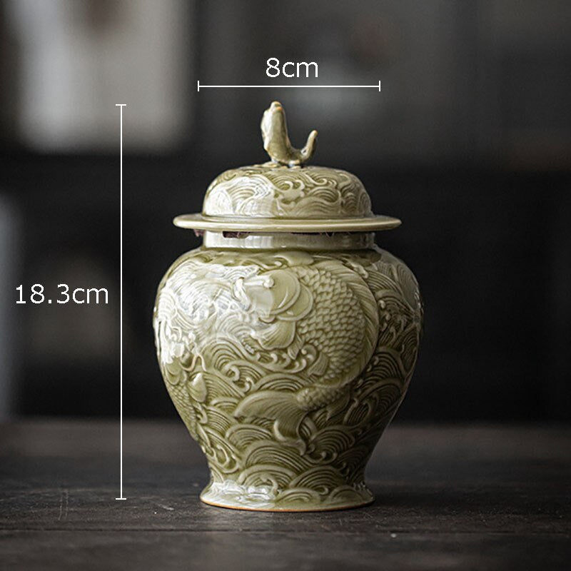 Sea Wave Relief Tea Canister Sealed Creative Carp Ceramic Storage Jar with Lids Porcelain Coffee Container Tea Cans Candy Pots - Provence Home Living Store