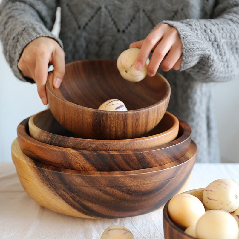 wooden bowl Japanese style wooden tableware household and basin fruit plate salad bowl whole wooden soup bowl wooden bowl WF - Provence Home Living Store