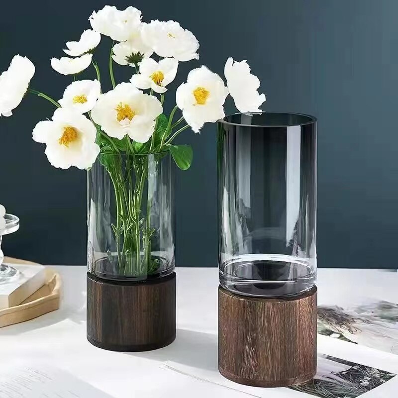 Glass Flower Vase Wooden Support European Creative Transparent Hydroponic Vase Art Living Room Home Office Wedding Decoration - Provence Home Living Store