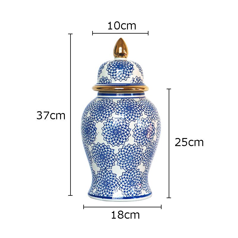 Gold Plated Blue and White Porcelain Ginger Jar with Lids Ceramic General Jars Retro Tea Caddy Floral Vases Desk Decoration - Provence Home Living Store