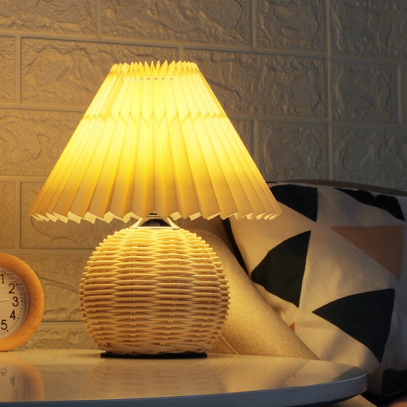 Pleated Rattan LED Table Lamp Living Room Table Standing Lamp Study Desk Bedside Lamp Home Office Decoration Night Light - Provence Home Living Store