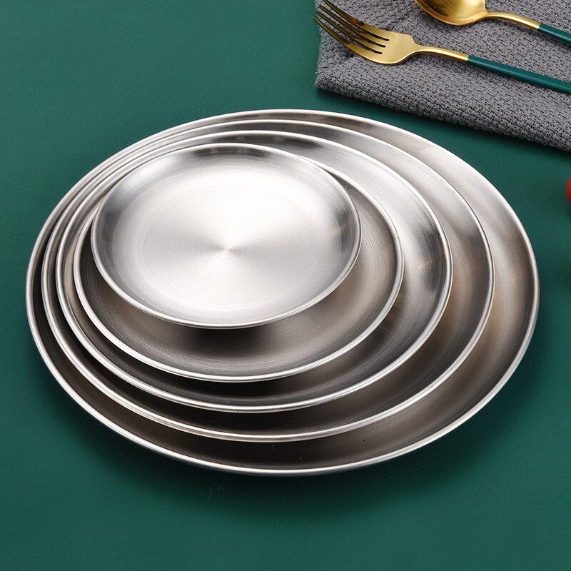 Stainless Steel Dinner Plates Restaurant Gold Serving Tray Round Dessert Cake Snack Dishes Silver Storage Plate Korean Cutlery - Provence Home Living Store