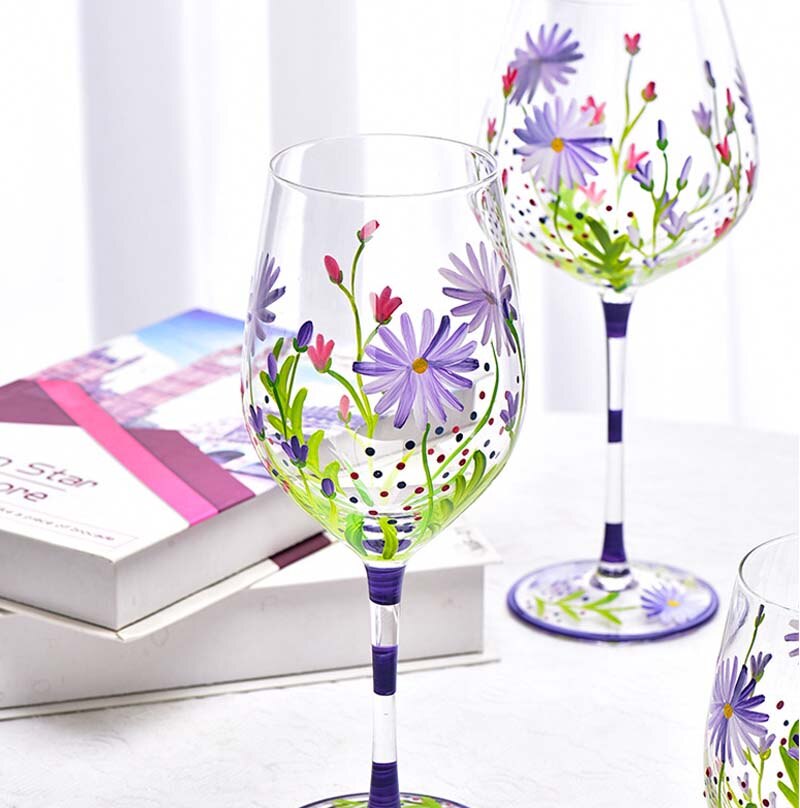 Creative Hand Painted Red Wine Glass Flower Pattern Wine Cup Cocktail Champagne Flutes Crystal Goblet Home Bar Wedding Drinkware - Provence Home Living Store