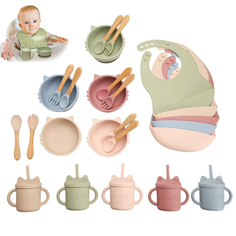 5 PCS Baby Soft Silicone Sucker Bowl Cup Bibs Spoon Fork Sets Non-slip Tableware Children&#39;s Feeding Dishes BPA Free - Provence Home Living Store