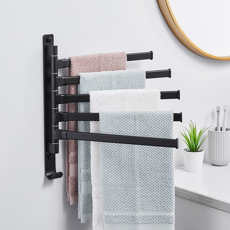 Black Bathroom 2/3/4/5 Arms Swivel Towel Bar Space Saving Swinging Towel Rack Wall Mounted Towel Holder with Hooks - Provence Home Living Store