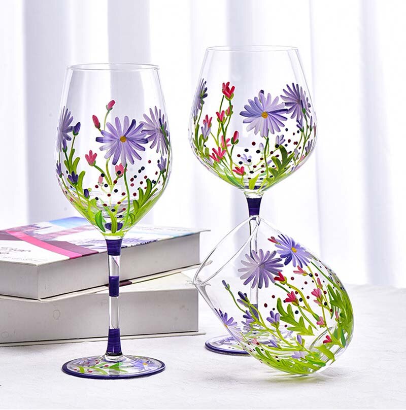 Creative Hand Painted Red Wine Glass Flower Pattern Wine Cup Cocktail Champagne Flutes Crystal Goblet Home Bar Wedding Drinkware - Provence Home Living Store