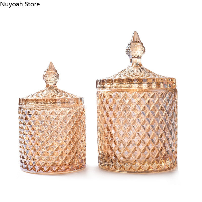 Crystal Glass Jar European-style Diamond Pattern Candy Storage Box Cotton Swab Box Sealed Jar Living Room Home Furnishings - Provence Home Living Store