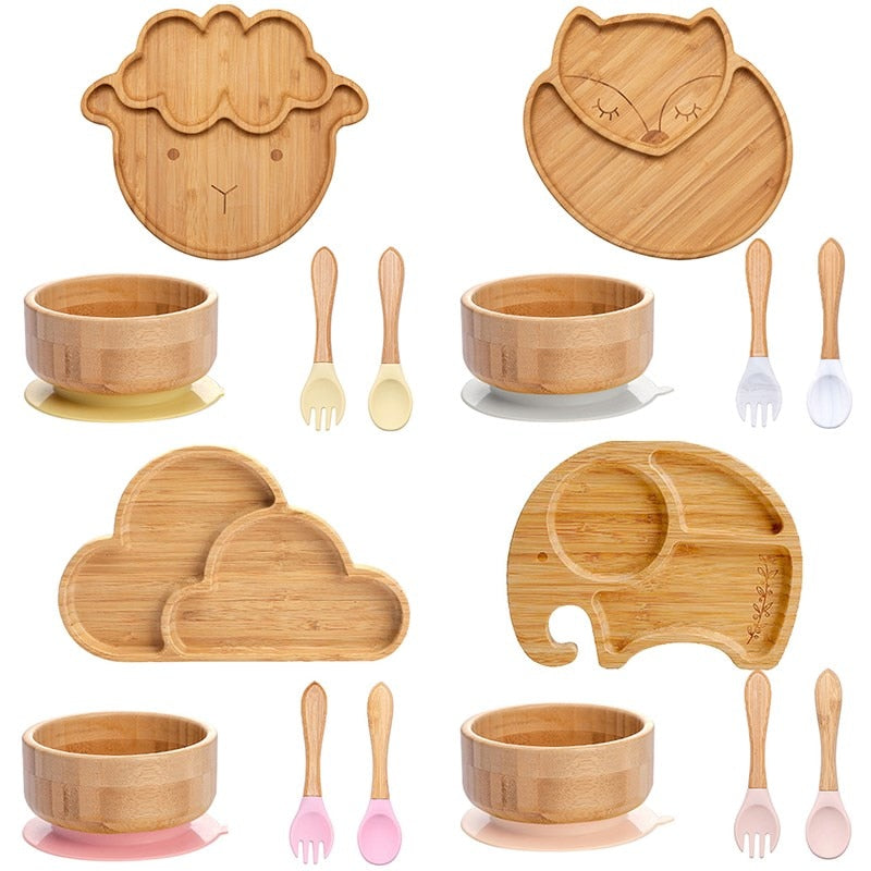 4pcs Children&#39;s Tableware Suction Plate Bowl Baby Dishes Baby Feeding Dishes Spoon Fork Sets Bamboo Plate for Kids Tableware - Provence Home Living Store