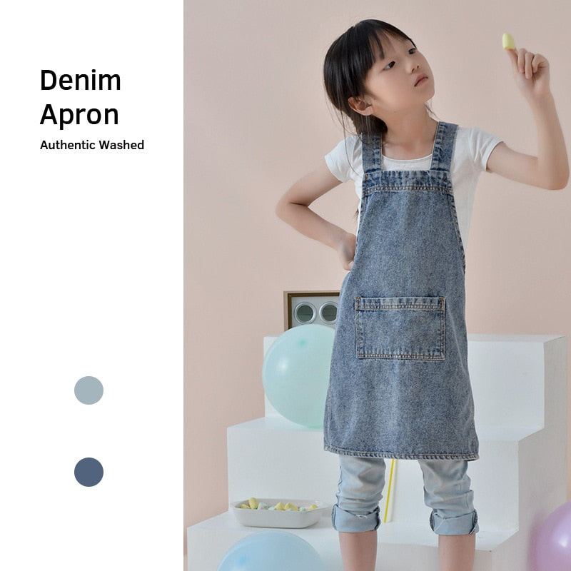 Children&#39;s Washed Denim Apron Boy&#39;s Painting Smock Game Anti-dirty Girl&#39;s Bib Advertising Kids Pinafore Nostalgic Clothing - Provence Home Living Store