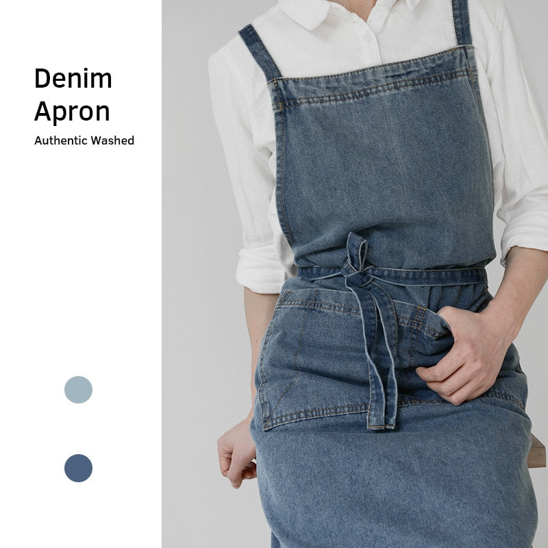 100% Cotton Denim Apron Thicken Canvas Anti Fouling Home Kitchen Restaurant Korean Pinafore Flower Coffee Store Waist - Provence Home Living Store