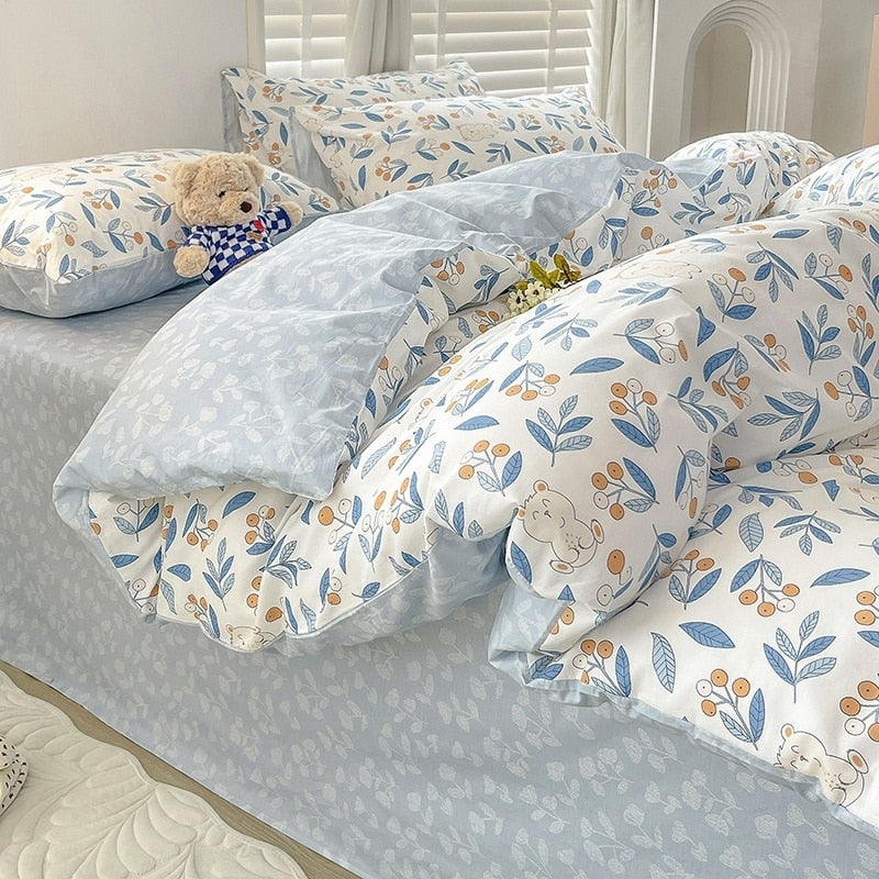 Pastoral Style Cotton Bedding Set Floral Bear Fitted Sheet Duvet Cover Pillowcase Fashion Cartoon Boy Girl Dormitory Bedclothes - Provence Home Living Store