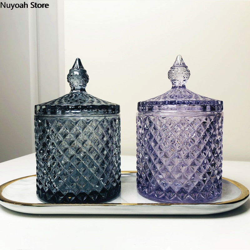 Crystal Glass Jar European-style Diamond Pattern Candy Storage Box Cotton Swab Box Sealed Jar Living Room Home Furnishings - Provence Home Living Store