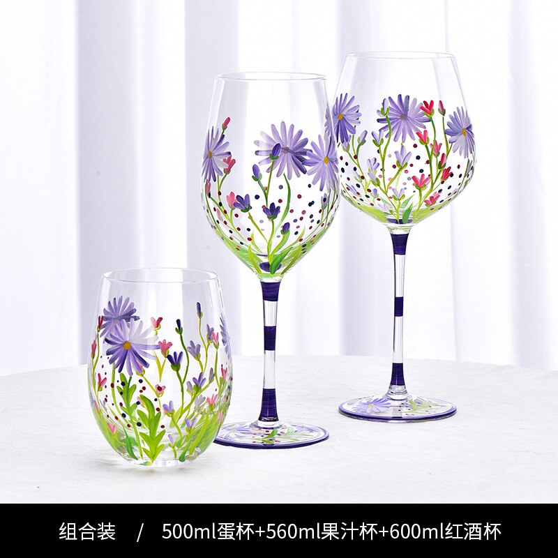 Creative Hand Painted Red Wine Glass Flower Pattern Wine Cup Cocktail Champagne Flutes Crystal Goblet Home Bar Wedding Drinkware - Provence Home Living Store