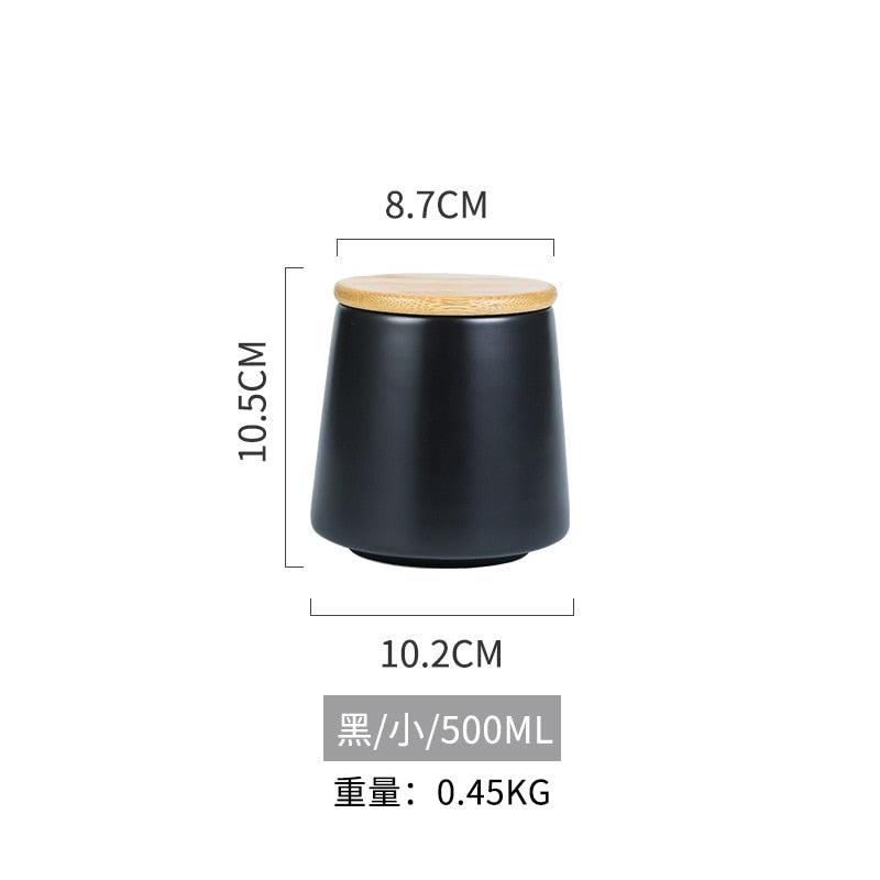 Nordic Simple Black Ceramic Airtight Jar 500ml Round Tea Tin with Bamboo Lid Kitchen Storage Tool Grain Dispenser Household - Provence Home Living Store