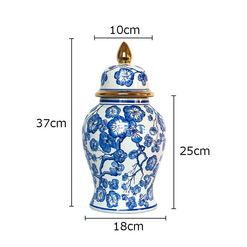 Gold Plated Blue and White Porcelain Ginger Jar with Lids Ceramic General Jars Retro Tea Caddy Floral Vases Desk Decoration - Provence Home Living Store