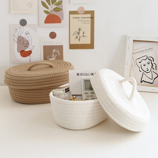 Nordic Cotton Rope Woven Storage Baskets Organize Boxs Desktop Sundries Organizer Sundries Key Cosmetics Storage Basket With Lid - Provence Home Living Store