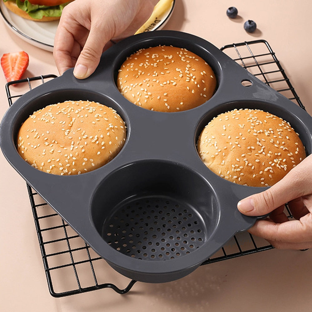 Silicone Hamburger Bun Mold 4 Cavity Loaf Pan Non Stick Baking Moulds Muffin Cake Pastry Pan Tray Kitchen Bakeware - Provence Home Living Store