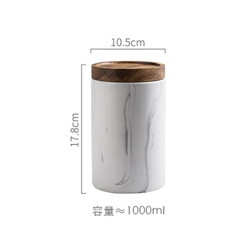 Nordic Marble Pattern Storage Jar with Wooden Lid Ceramic Airtight Jar Coffee/Tea/Candy Jar Living Room Tea Table Decoration - Provence Home Living Store