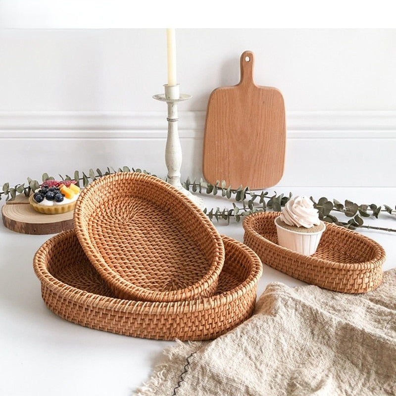 Rattan Handmade Real Rattan Fruit Basket Snack Bread Basket Tray Living Room Snacks Sundries Storage Basket Fruit Tray - Provence Home Living Store