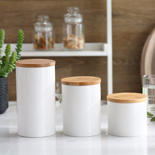 Simple White Ceramic Sealed Storage Jar with Wooden Lid Kitchen Food Container Coffee Grain Storage Jar Modern Home Decoration - Provence Home Living Store