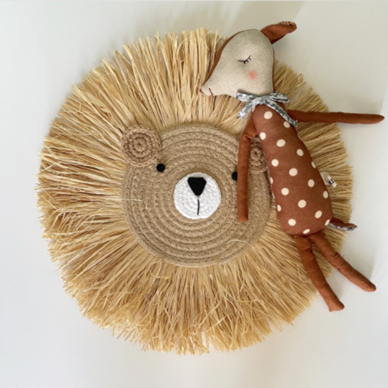 INS Nordic Handmade Lion Wall Decor Cotton Thread Straw Woven Animal Head Wall Hanging Ornament for Nursery Baby Room Decoration - Provence Home Living Store