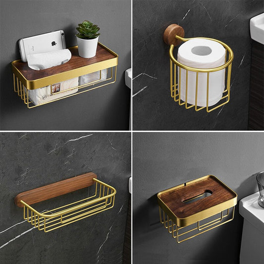 Luxury Toilet Paper Holder Wooden+ Metal Wall Mounted Bathroom Storage Shelf  Paper Holders Punch-Free Tissue Box Phone Holder - Provence Home Living Store